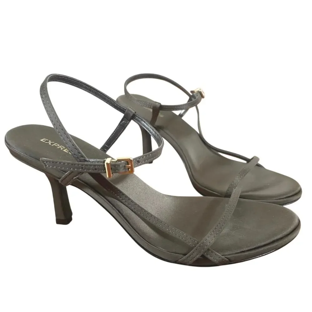 Express Strappy Slingback Mid Heeled Sandals Olive with Gold Hardware Size 8